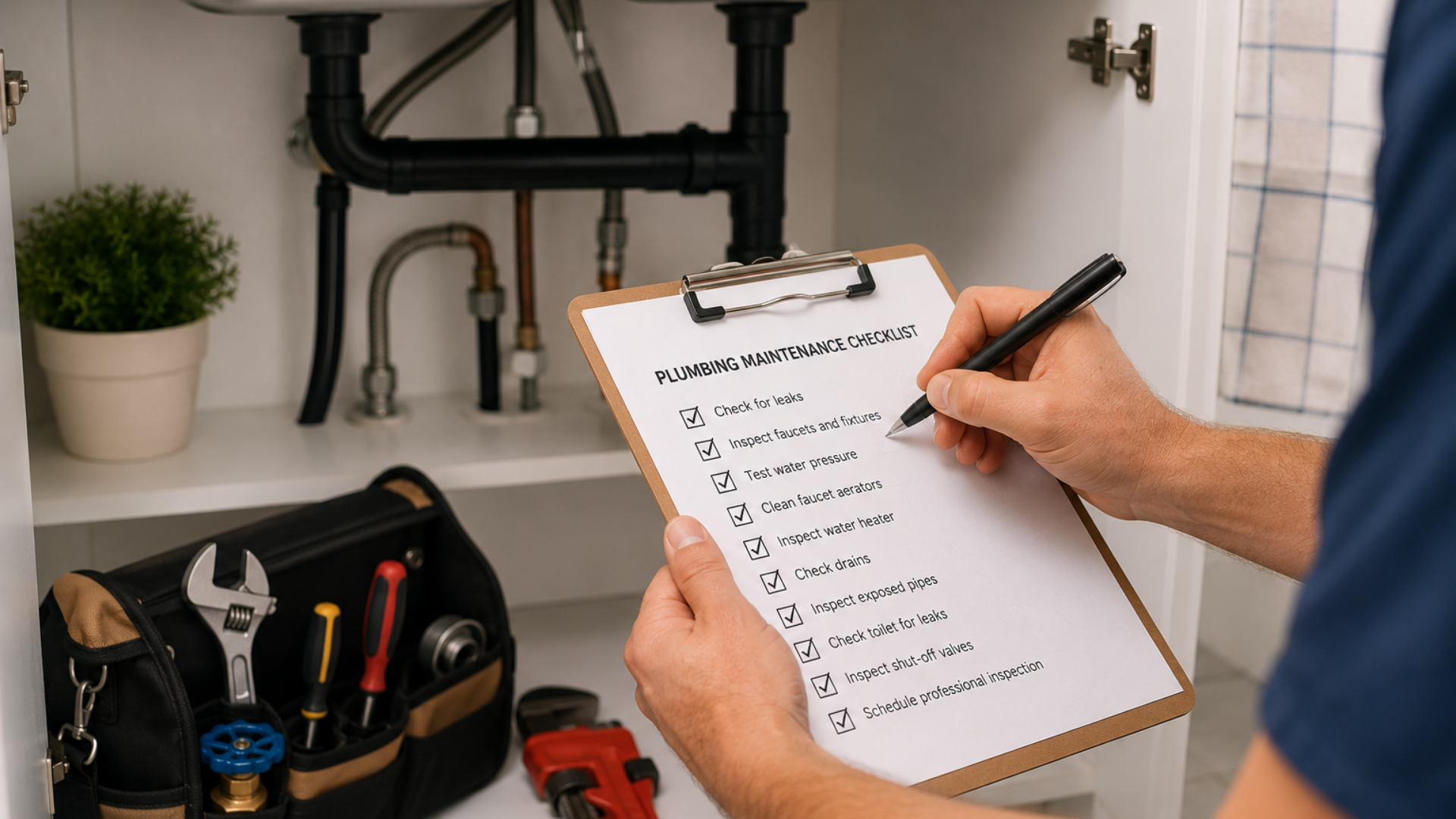 Homeowner performing routine plumbing maintenance inspection