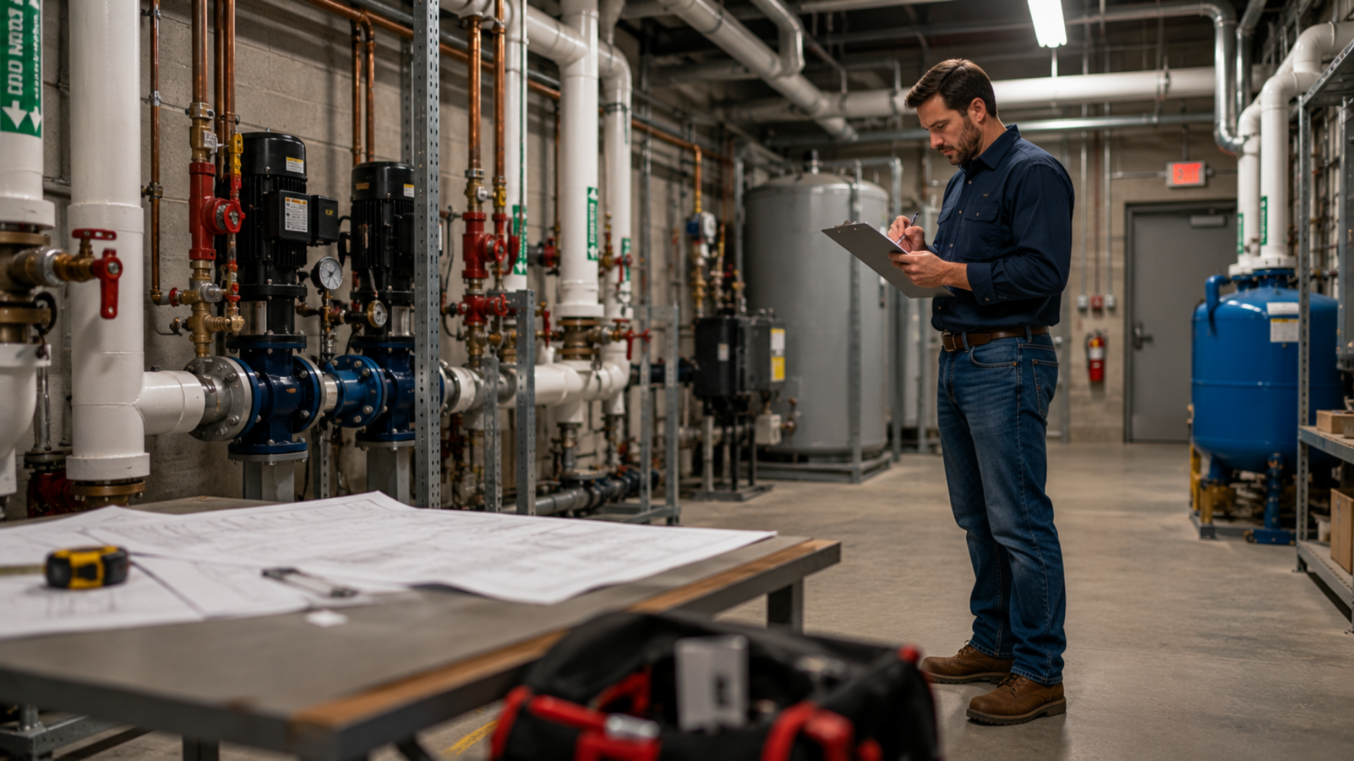 Commercial plumber inspecting plumbing equipment inside a commercial building