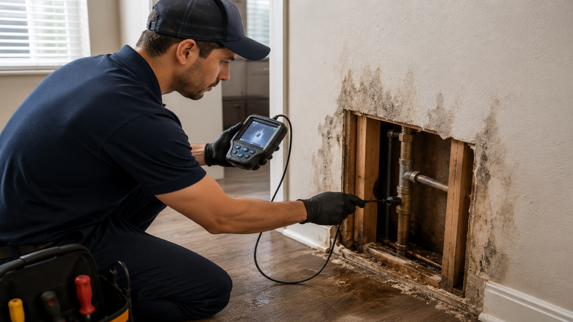 Technician inspecting a hidden water leak behind an interior wall using professional leak detection equipment