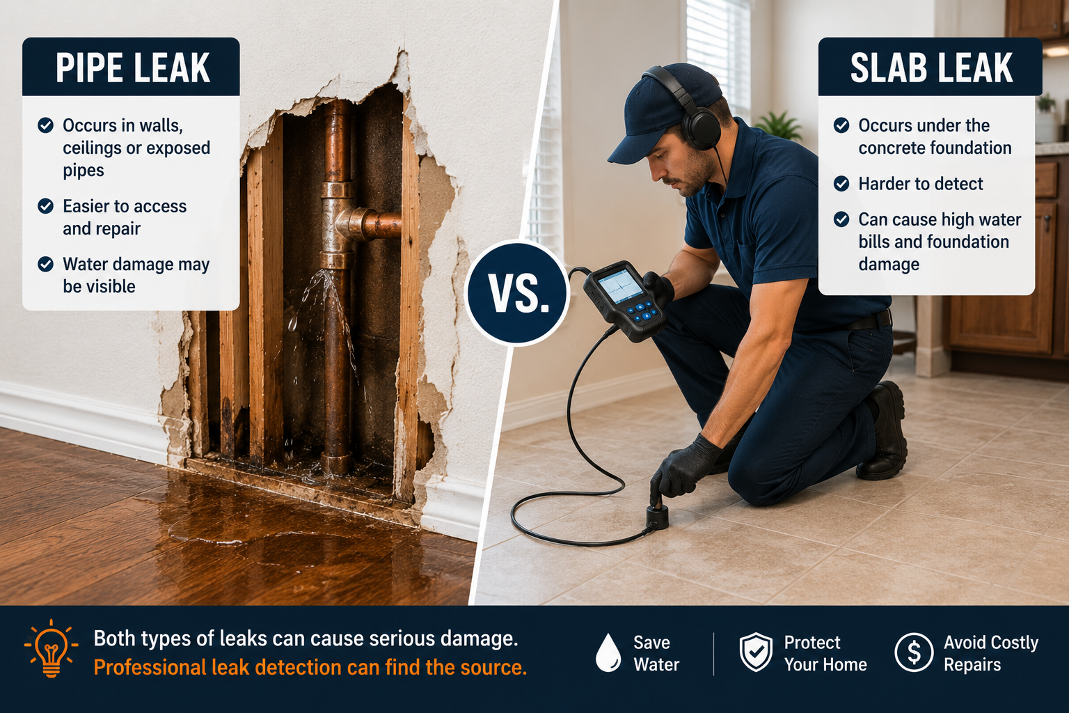 Professional inspection for a suspected slab leak and hidden plumbing leak in a home