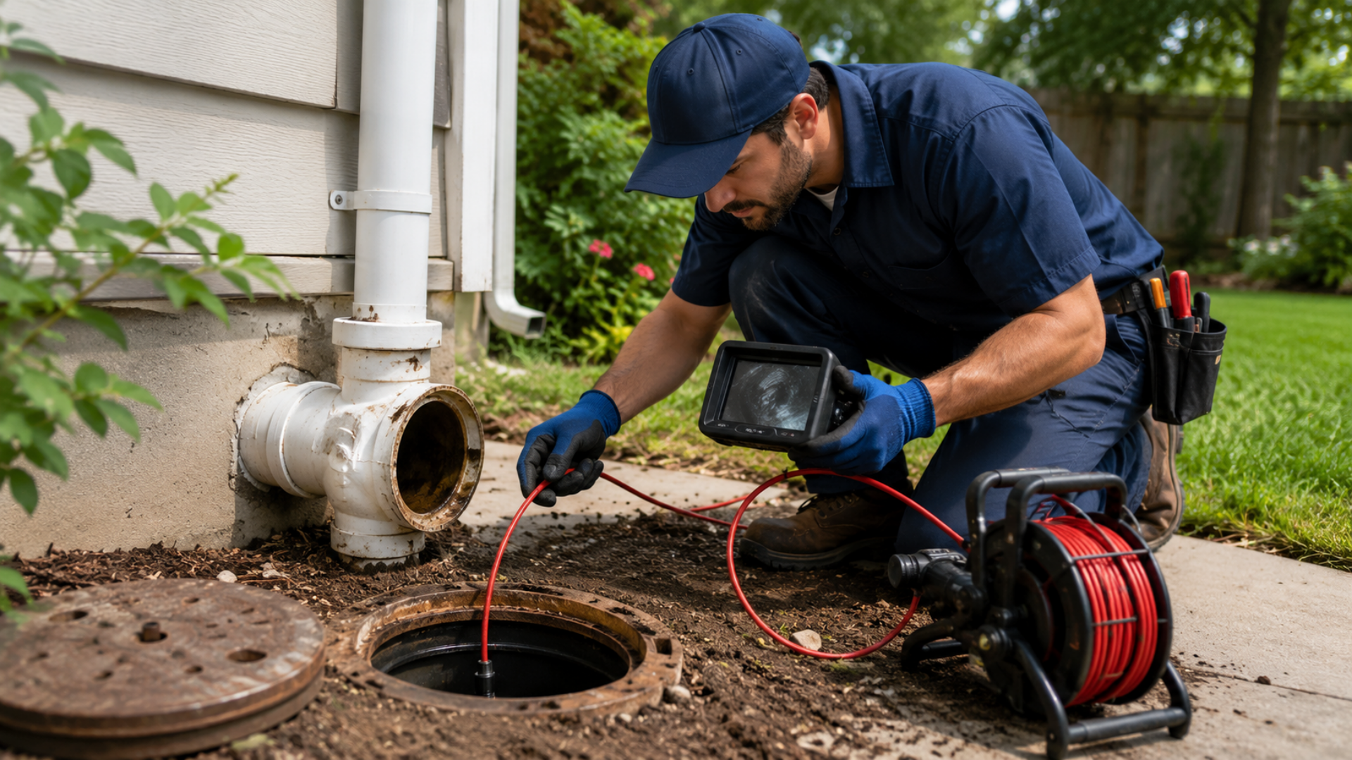 Plumber inspecting a residential sewer line for signs of damage